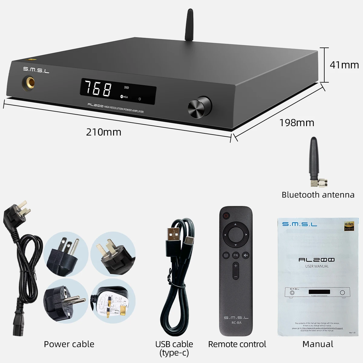 SMSL AL200 Intergrated Amplifier 165W*2 MA5332MS MQA-CD DSD256 XU316 Bluetooth5.0 6.35mm Headphone With Remote Control