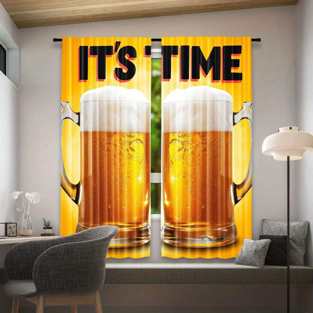 Beer Curtains Bar Decor Funny Window Drapes with IT'S TIME Slogan and Beer Mugs Print for Game Room Pub Party Theme Home Decor