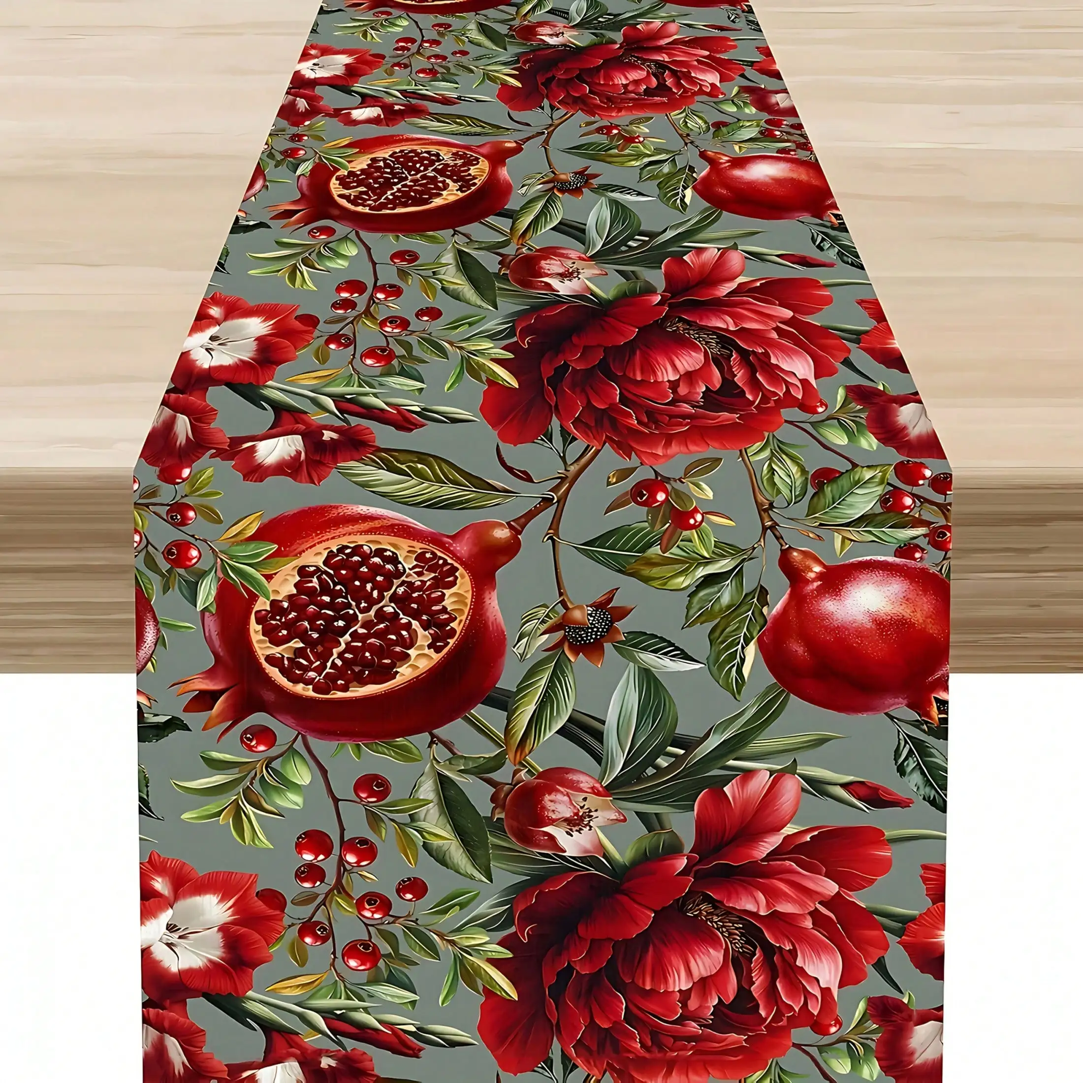 Farmhouse-Tischläufer – rote Blumen- und Granatapfel-Dekoration, dunkelgrünes Blattmuster – Esszimmerdekoration