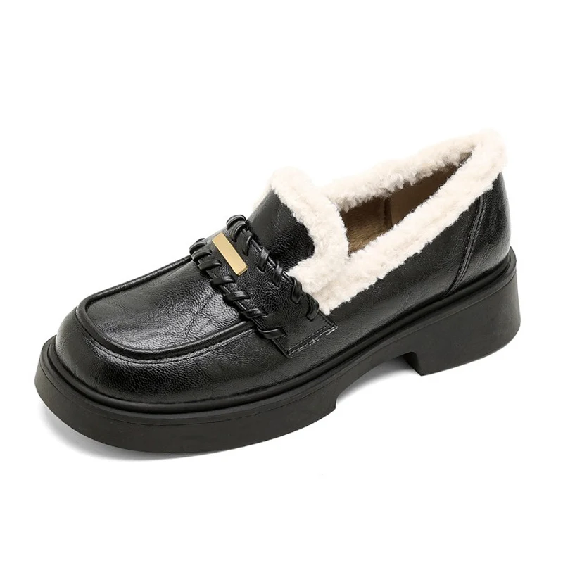 Soft Black Winter Fur Shoes Women Loafers Warm Plush Non-slip Fashion Brand Ladies Shoes Square Heels 4cm Plus Size 42 D763