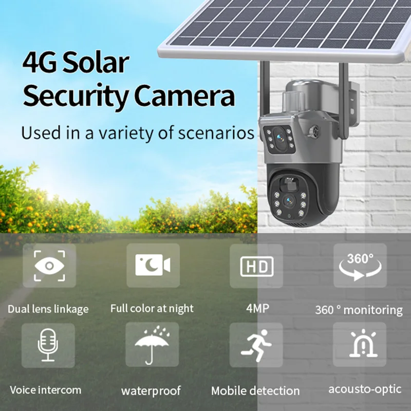 Saikiot V380 Pro 4K 8MP 4G SIM Card WIFI Solar Powered Battery Camera Dual Lens PTZ Camera Outdoor Waterproof V380 Solar Camera