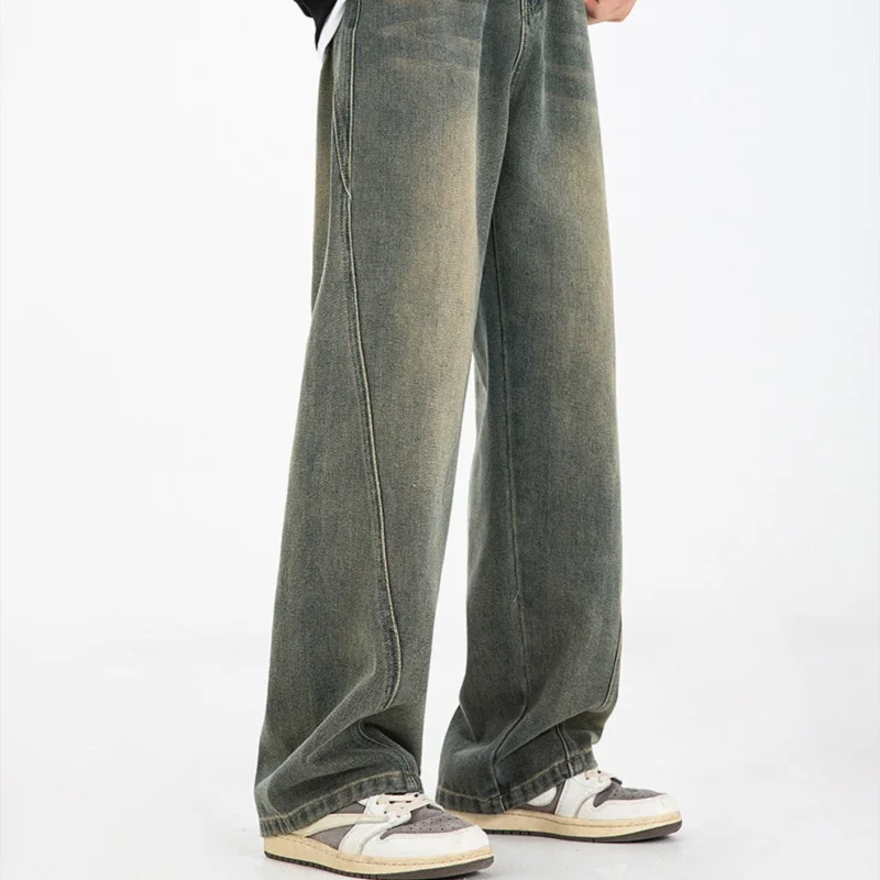 Fashion Youth Popular Split Design To Do Old Washed Jeans Men Autumn Winter American Trend Loose Retro Slim Slim Wide Long Pants