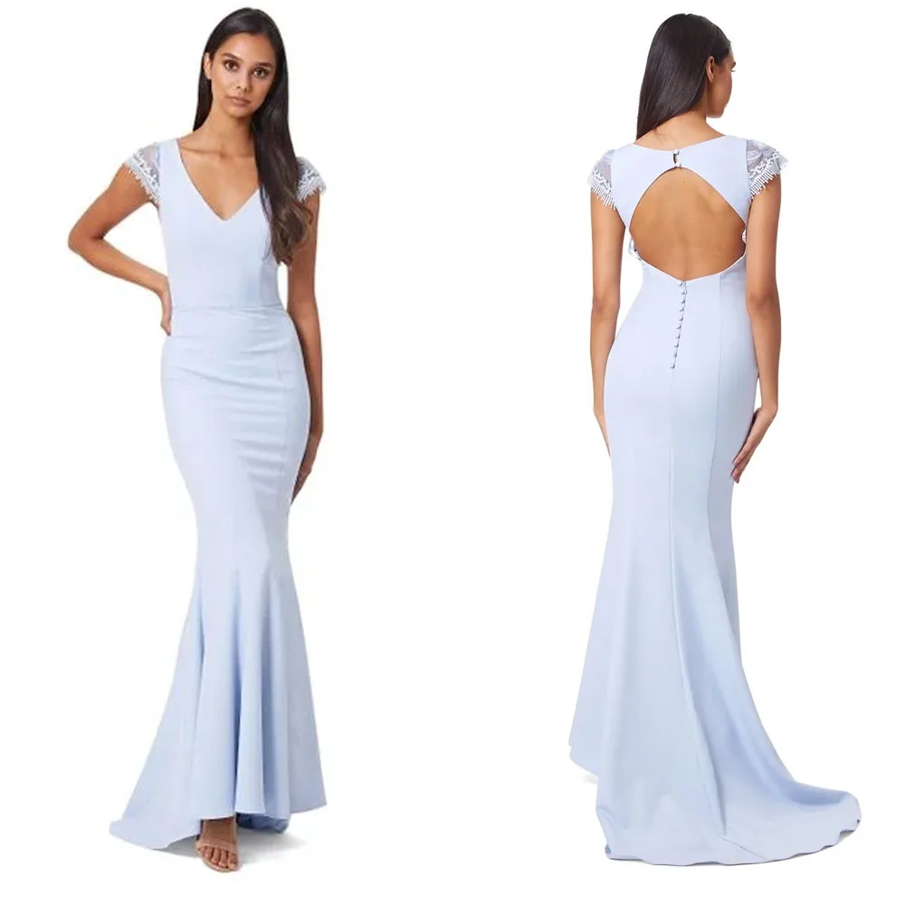 

Customized High Quality Ankle Length V-neck Short Sleeves Sweep Train Backless Button Blue Women Prom Evening Dress Платье