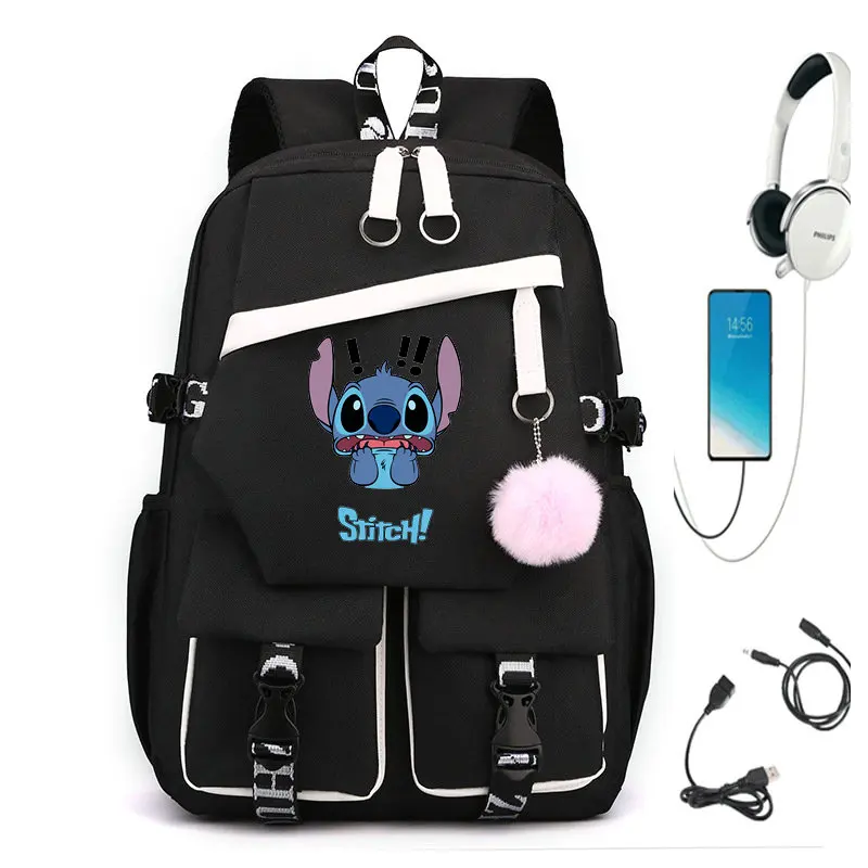 남녀공용 Lilo And Stitch USB 충전 배낭 모칠라 학교 가방, 남녀공용 배낭, 십대 데일리 배낭