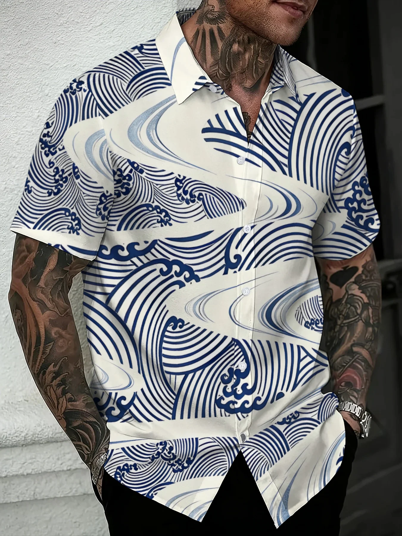 Sophisticated East Asian Wave Line Mens Lapel Shirt Blue Cream Tone Allover Print Short Sleeve Smart Casual Daily Shirts