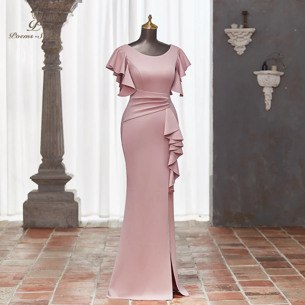 Elegant Pink Evening Dress with Flowing Ruffled Sleeves and Elegant Side Slit for Formal Events and Parties vestidos de noche