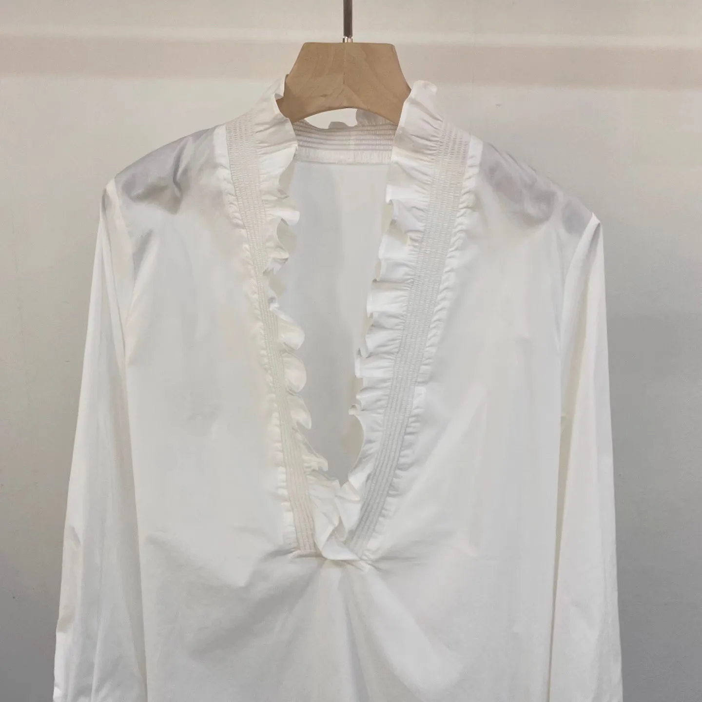 Sexy Deep V-Neck Blouse Shirts 2026 Spring Summer Fashion Women Pleated Ruffle Patchwork Long Sleeve Elegant White Tops Shirt