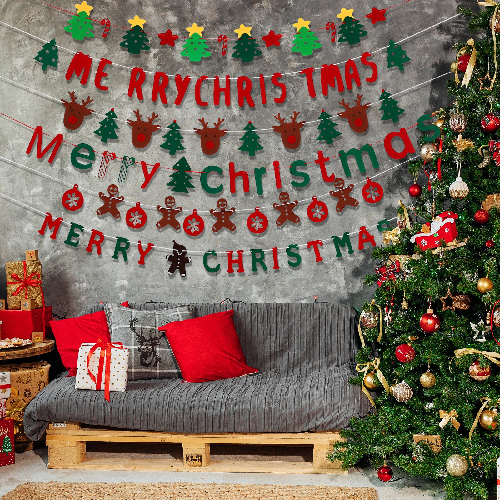 

6Pcs Christmas Felt Garland Banner Decorations Indoor Outdoor Xmas Wall Hanging Party Decor Felt Garland Merry Christmas Banner