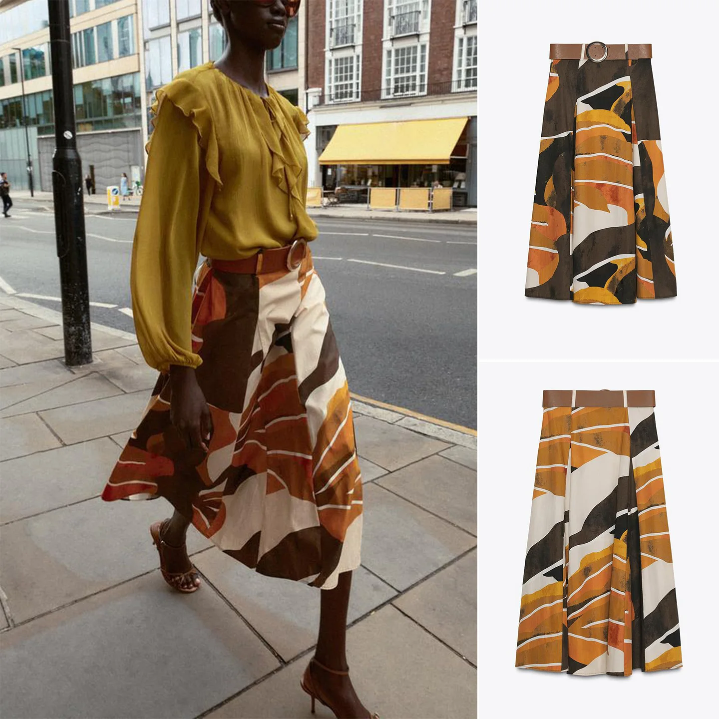 

Fall Faion Loose Metal Bule High Waist Print Silk Waist Belt Skirt Women's French Sle Casual Polyester Fibre Gored Skirt