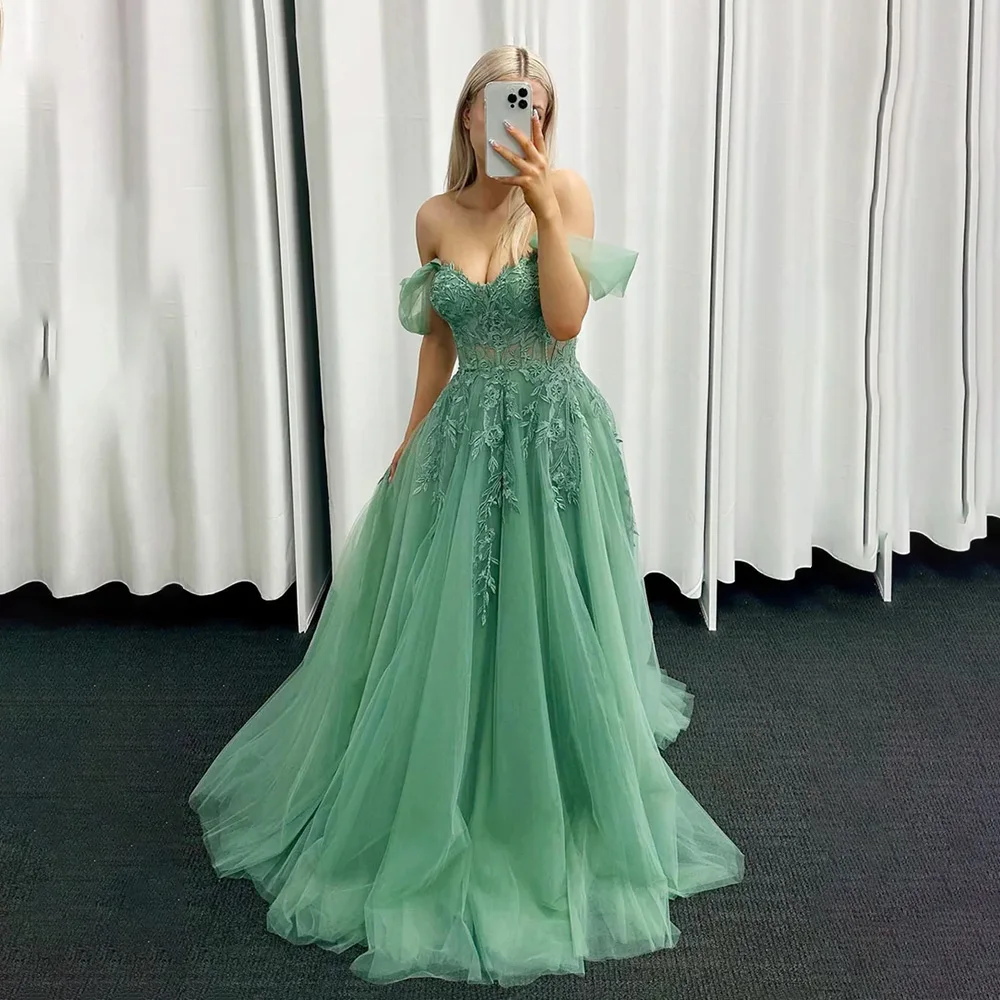 

Fashion Off the Shoulder Appliques Lace Tulle Prom Dress for Women Long A-line Court Backless Prom Party Gown vestidos de gala