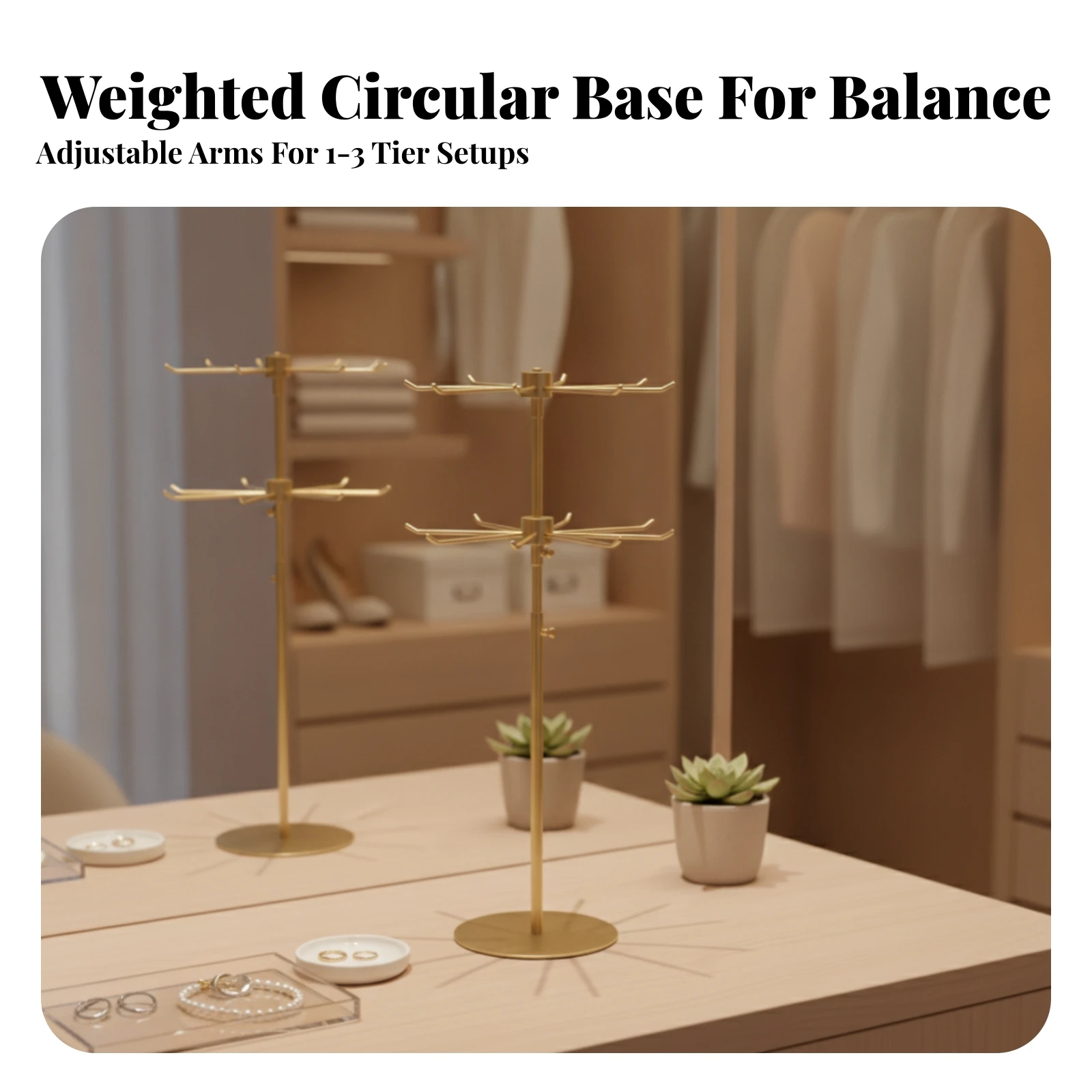 Jewelry Display Stand with Round Base Tabletop Jewelry Display Rack Necklace Holder with Hooks Countertop Accessory Hanger Metal