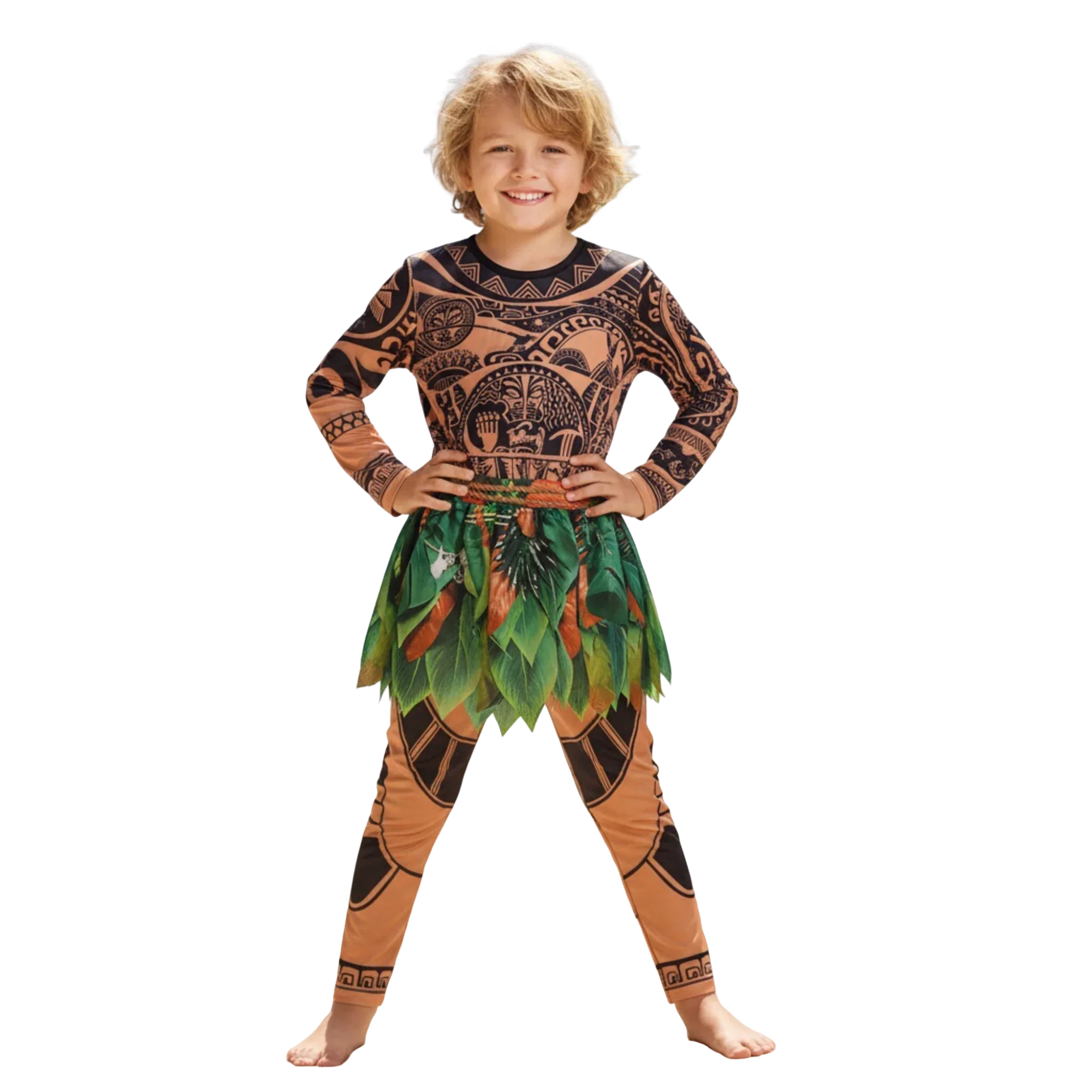 Polynesisches Stammes-Demi-Gott-Tattoo-Print-Set aus Oberteil und Hose für Sommer, Halloween, Karneval, Cosplay für Jungen, Männer, Erwachsene und Kinder – Detail 2