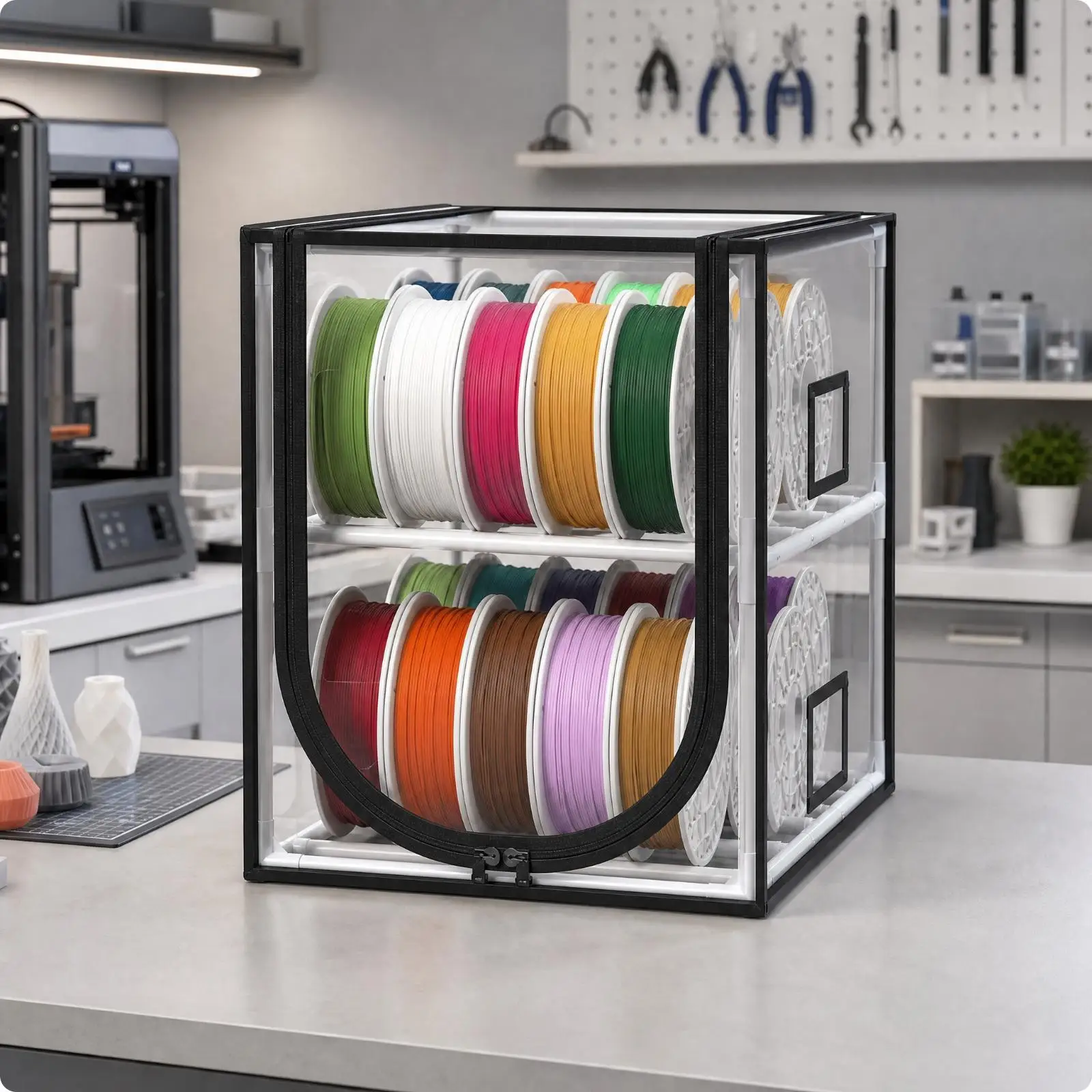 Large Transparent Filament Storage Box for 3D Printer Spool Holder Dry Container with Metal Frame Zipper Closure for PLA PETG