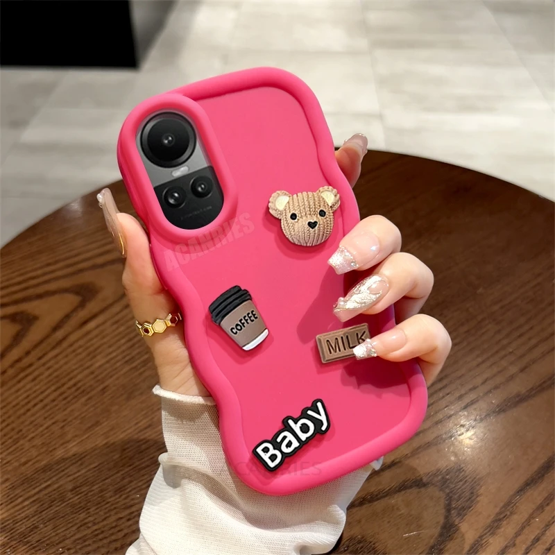 Reno10pro 3d Bear Cute Cartoon Wavy Silicone Case On For Oppo Reno 10 11 Reno10 Pro A54 A38 A58 A78 A76 4g Shockproof Soft Cover