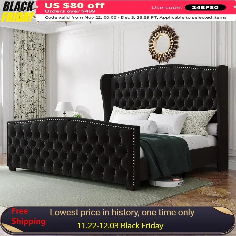 

King Bed Frame with Wingback Headboard, Handmade Button Tufted & Nailhead, Wooden Slats Support, Bed Frame