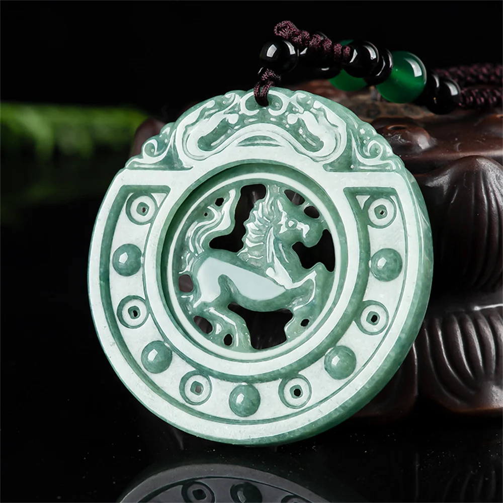 

Natural Green Jadeite Carved Hollow Running Horse Lucky Pendant Amulet Necklace Certificate Luxury Jade Trendy Gift Jewelry