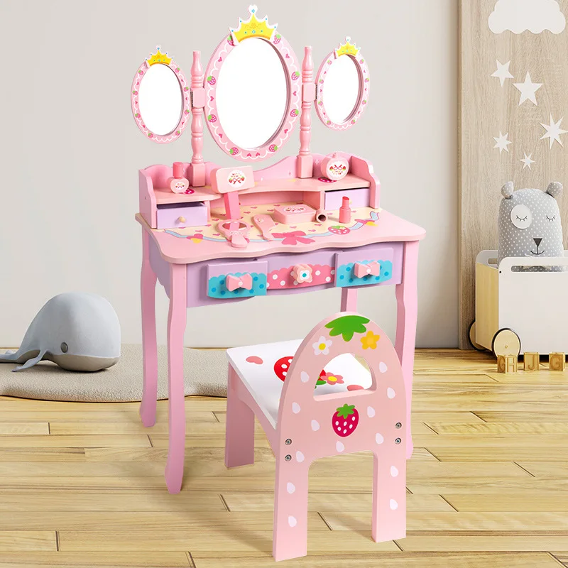 Wooden children play house simulation crown dresser girl role-playing little princess dresser educational toys.