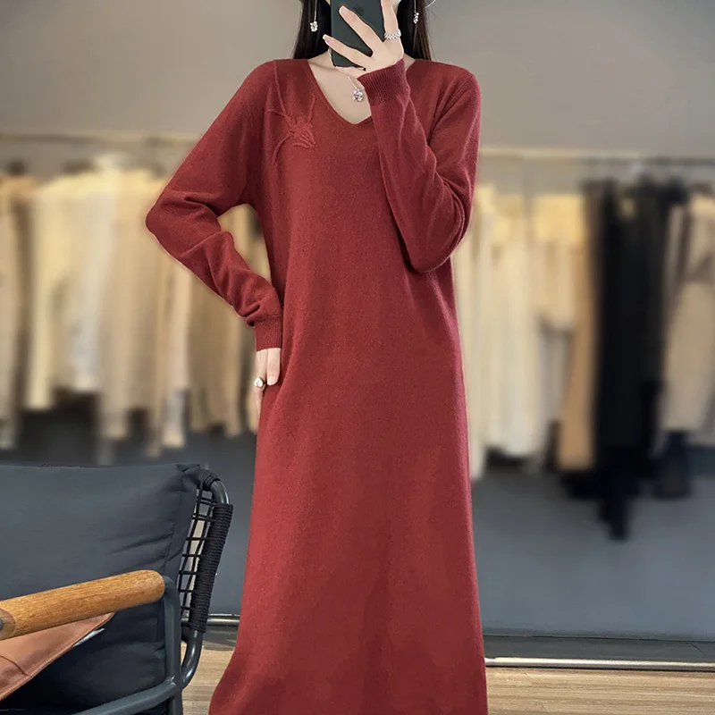 Heavy Industry Embroidery Dress Women's V-Neck Pullover Long Dress 100% Merino Wool Loose Fit Dress Autumn/Winter Korean