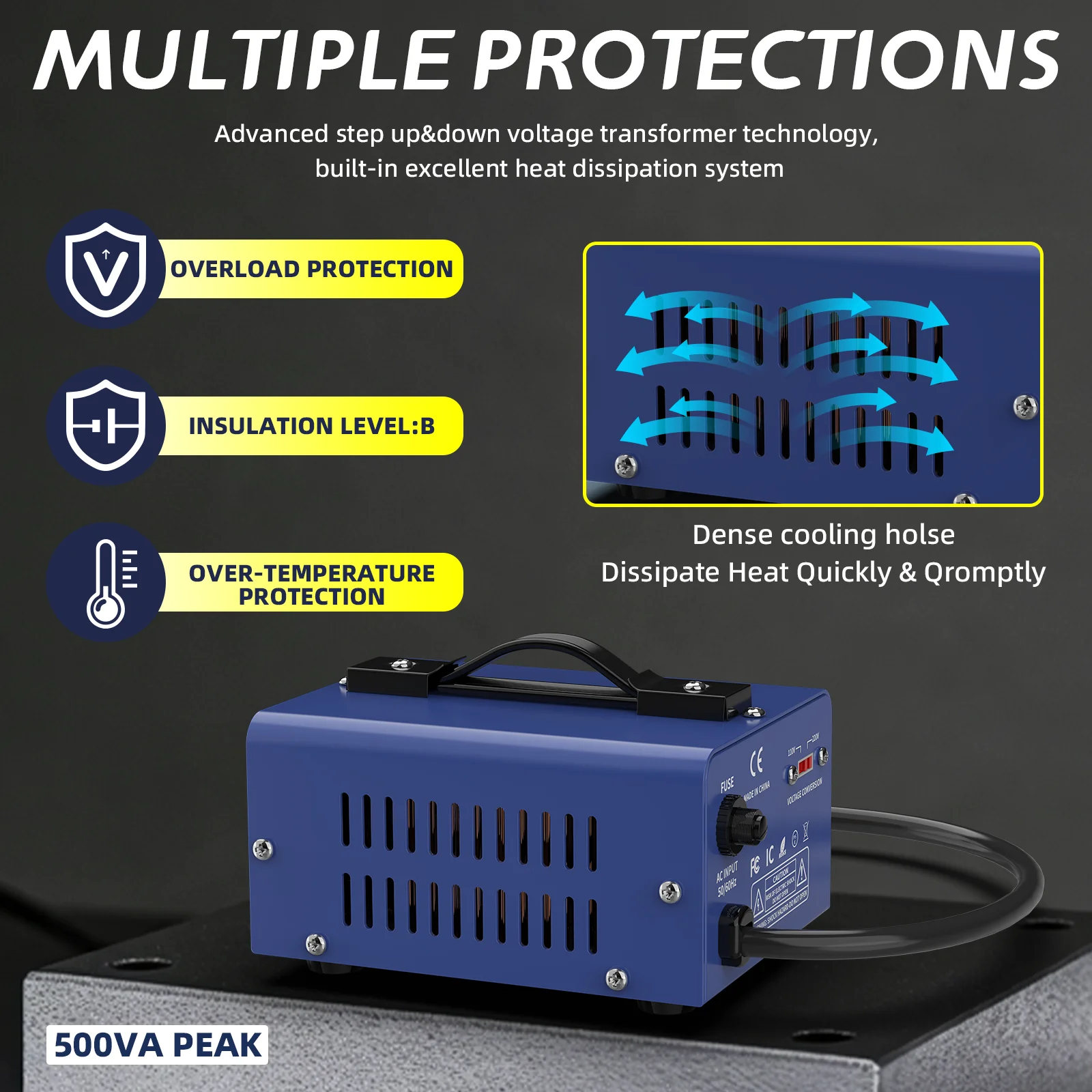 Voltage Converter Transformer, 500VA, Heavy Duty Step Up/Down Power Transformer, Convert from 110V to 220V and 220V to 110V, with EU Outlets, US Outlets, Power Cord, Circuit Breaker Protection for Traveling Camping view 4