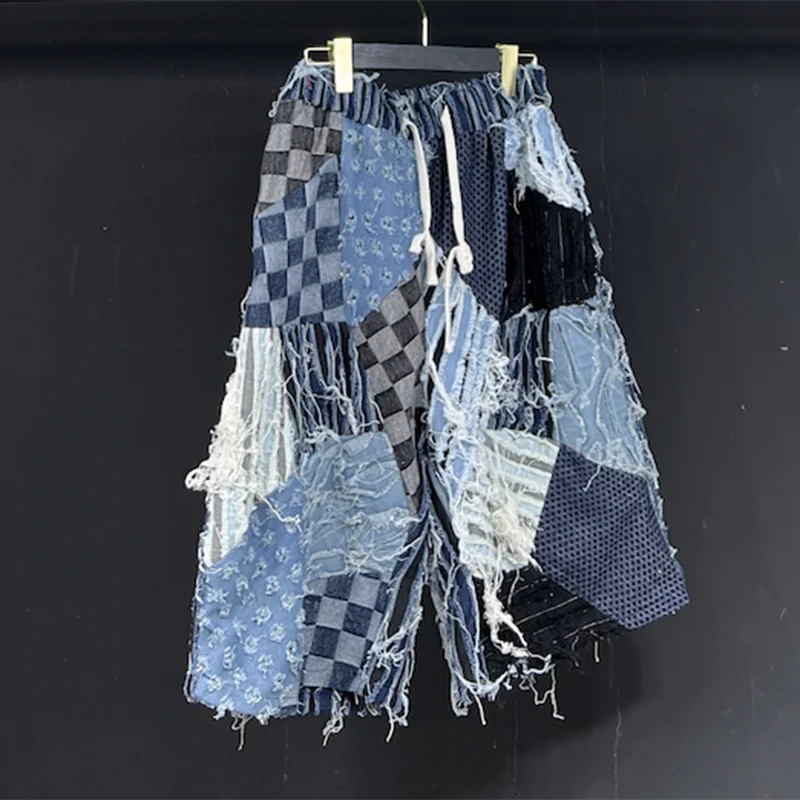 PFHQ Denim Patchwork Shorts Summer Men's Elastic Waist Vintage Washed Fabric Worn Out Wearproof Drawstring Male Original 21Z5028