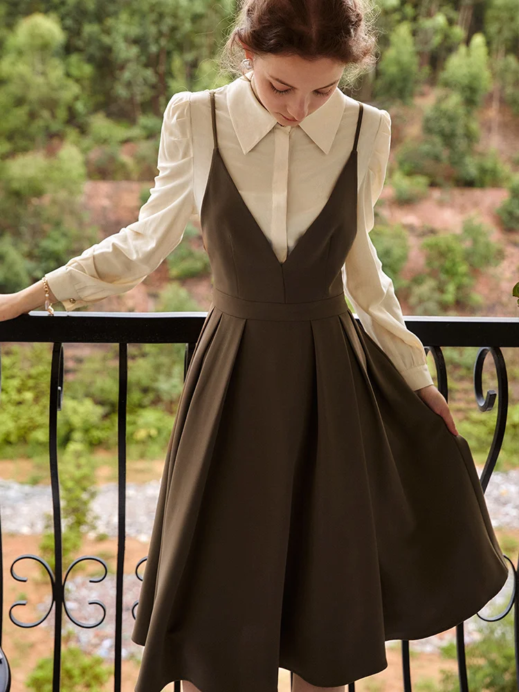 

OLrain Women Long Dresses 2025 Vintage A-Line 2 In 1 Patchwork Lapel Puff Sleeve Bow Tie Laces Dress Female Clothing O21QL55309