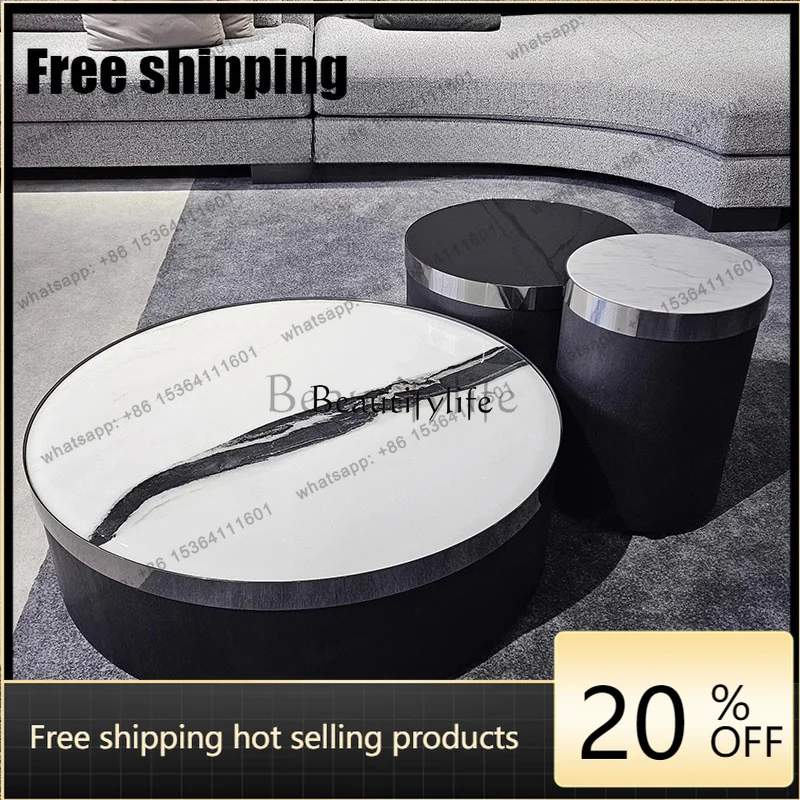Small apartment round rock slab marble coffee table minimalist living room small coffee table smoked color Factory Direct