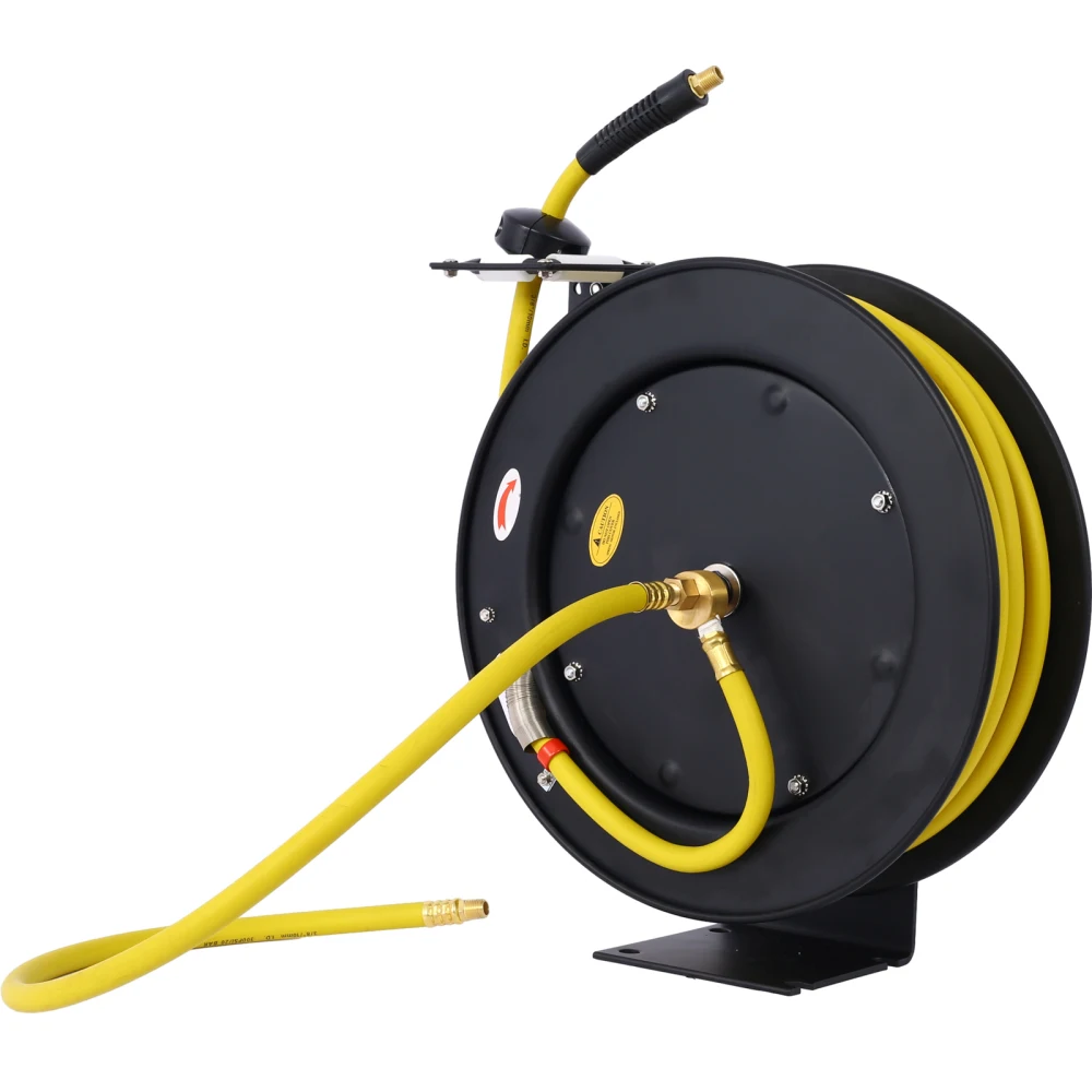 Air Hose Reel Retractable 3/8" Inch x 50' Foot SBR Rubber Hose Max 300PSI Heavy Duty Industrial Steel Single Arm Construction