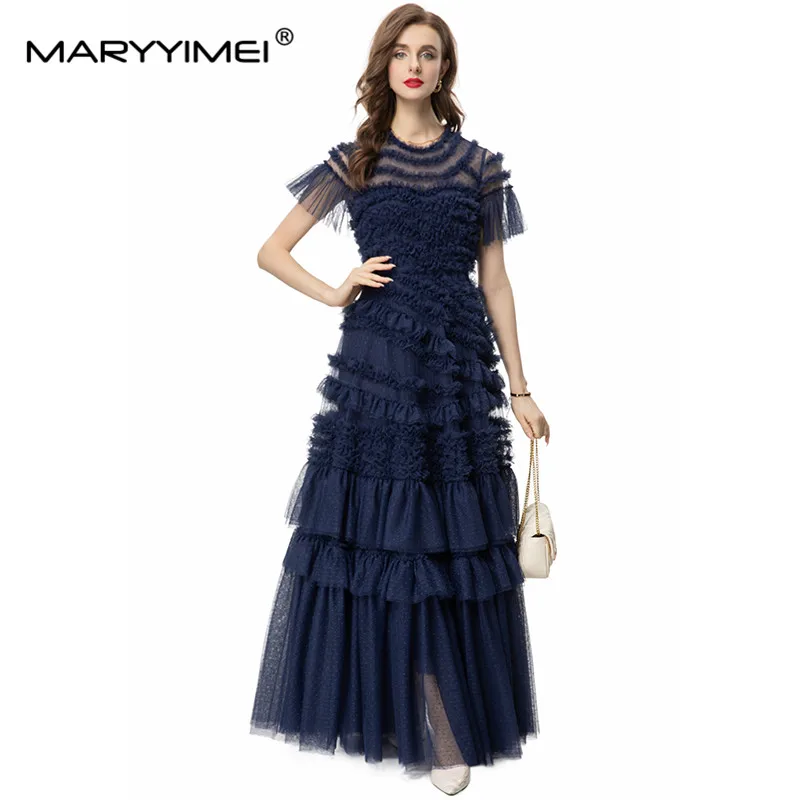 MARYYIMEI Fashion Designer spring Summer Women's O-Neck Short-Sleeved Mesh Splicing Edible Tree Fungus edge Elegant Dresses