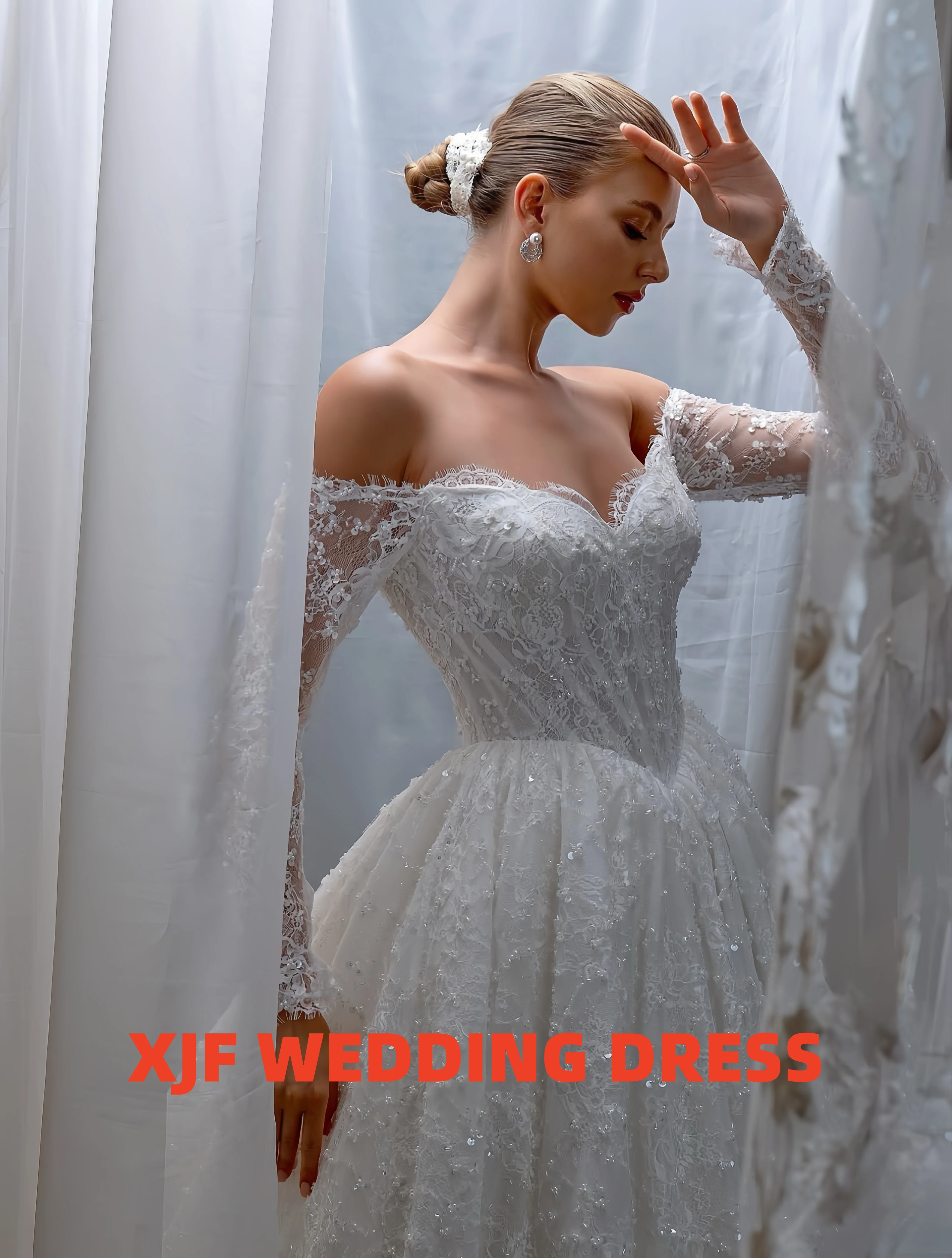 Dulce cuello manga larga A-LINE elegante personalizado amanda novias vestidos de novia amanda novias vestido de novia