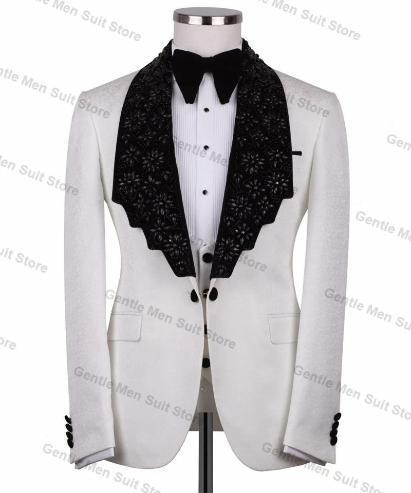 

Luxury Crystals Men Suits 2 Piece White Blazer+Black Trousers Wedding Tuxedo Male Prom Coat Customized Formal Office Jacket