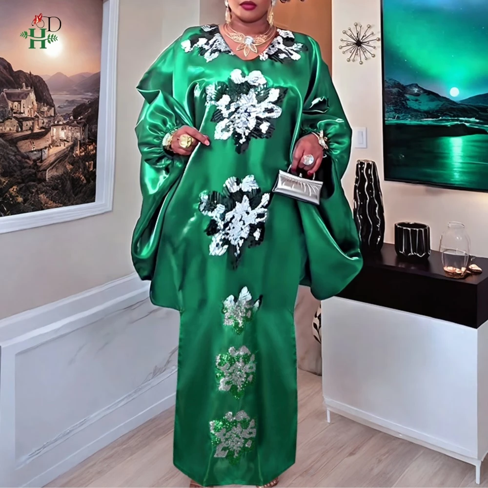 

H&D African Plus Size Kaftan Dress Sequin Flower Embroidery Loose-Fit Puff Sleeves Wedding Party Djellaba Gown Turkey Dress 2026