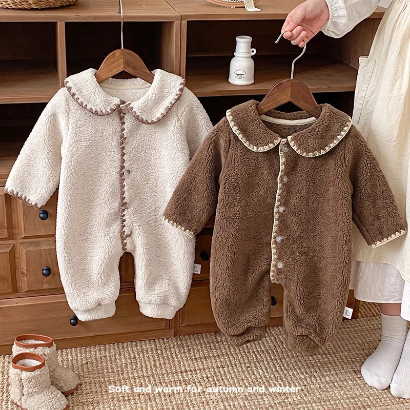 Infant Fall Winter Childrens Wear Double Fleece Jumpsuit Warm Fleece Jacket Small Month Baby Outing Crawler