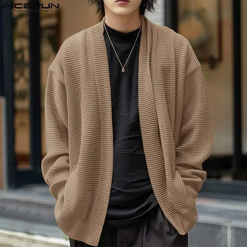 INCERUN Tops 2024 Korean Style Stylish Men Knitted Pit Stripe Shirts Male Leisure Solid Loose Long Sleeved Cardigan Blouse S-5XL