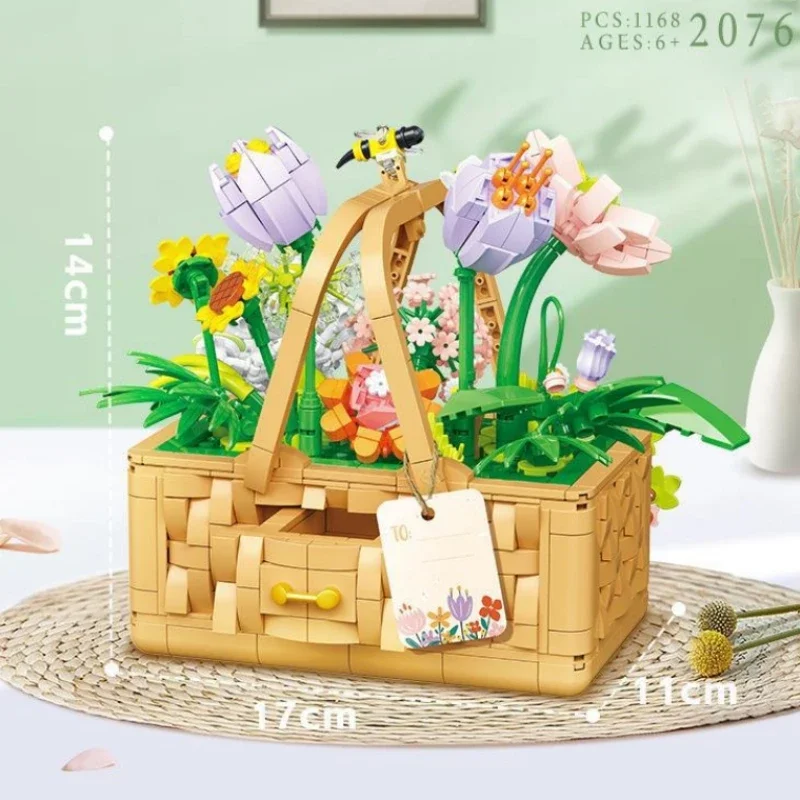 Bouquet Assembly Toy Home Desktop Decoration Summer Sunshine Flower Basket Building Block Creative Holiday Gift for Kids