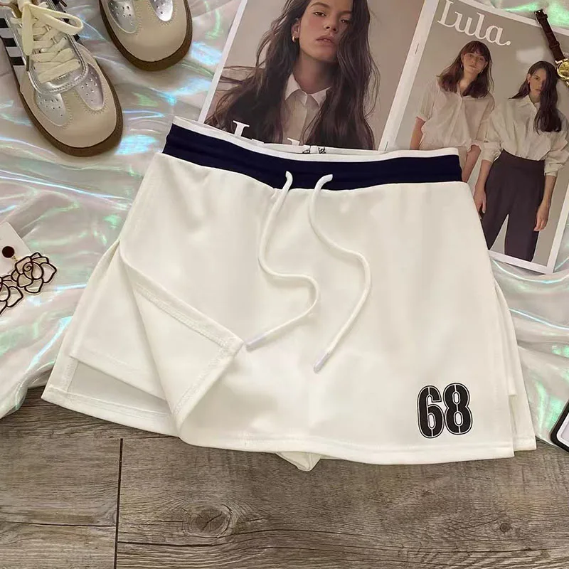 Digital Print Casual Skirts Women American Sexy Slit Sports Skirts Summer High Waist Drawstring Splicing A Line Skirts Mujer