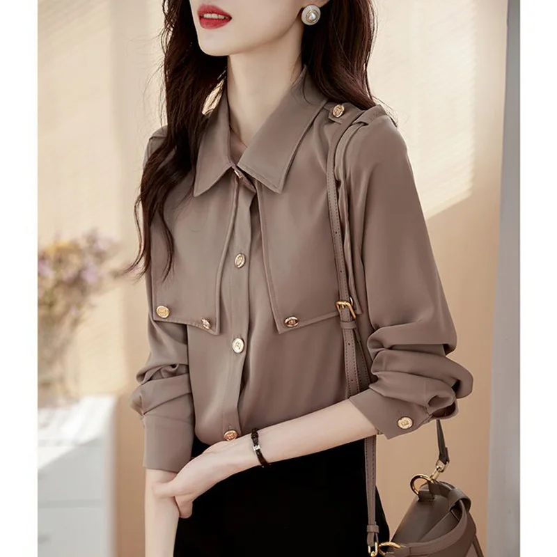 Fashion Lapel Button Solid Color All-match Shirt Female Clothing 2023 Autumn New Casual Tops Loose Office Lady Blouse