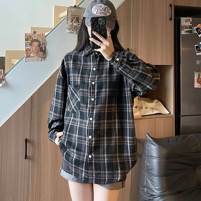 Zoki Harajuku Y2k Plaid Shirt Women Streetwear Loose Long Sleeve Vintage Blouse American Oversize Casual Bf Single Breasted Tops