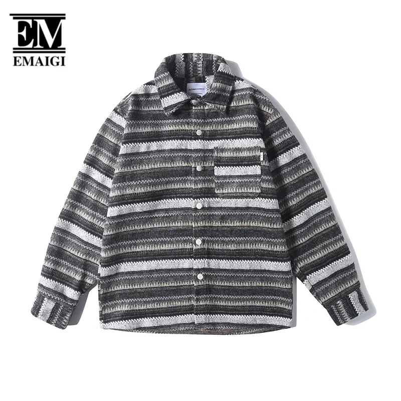 

Men Vintage Woolen Stripe Thicken Loose Casual Long Sleeve Shirts Style Jacket Cityboy Blouses Cardigan Coat Unisex Shirts