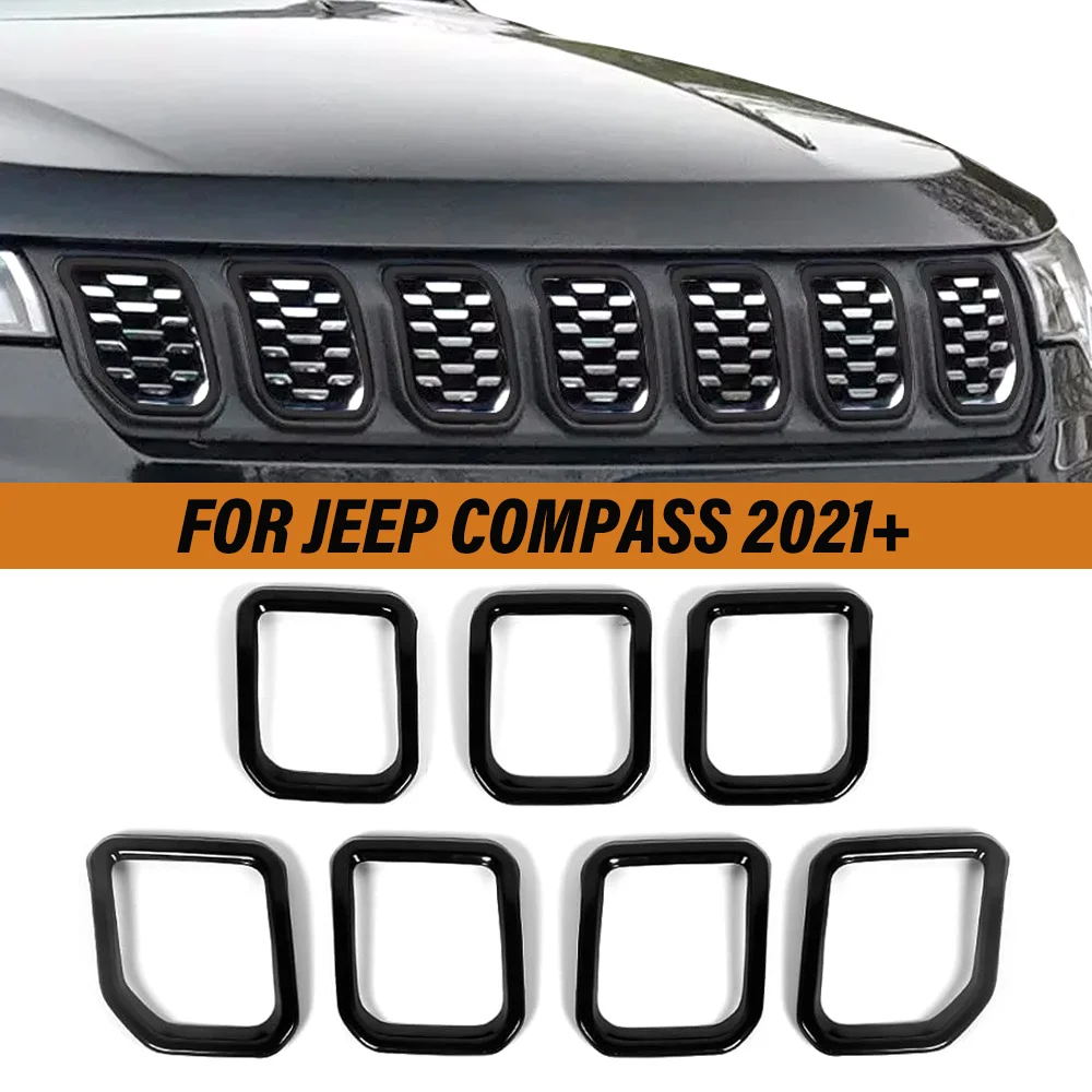 7PCS Car Grille Inserts Front Grill Cover Ring Frame Trims Kit For Jeep Compass 2021 2022 2023 2024 2025 Exterior Accessories