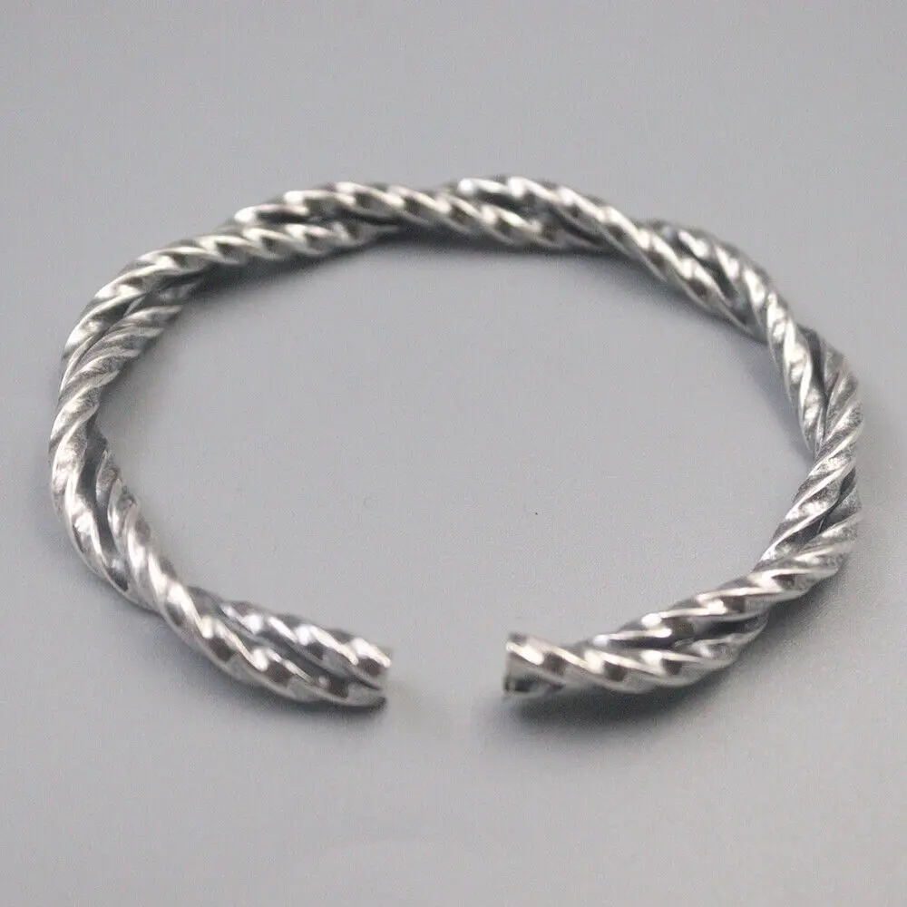 

Solid 999 Fine Silver 7mm Unique Twisted Open Bangle Unisex Cuff 2.36inch Dia.