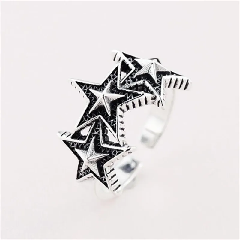 

New Retro Thai Silver Three Big Stars 925 Sterling Silver Jewelry Personality Atmosphere Five-pointed Star Opening Rings R315