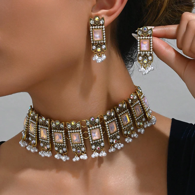 Kymyad Ethnic Geometric Glasses Beads Chunky Necklace Earrings For Women Vintage Simulated Pearl Beads Decoration Jewelry Sets