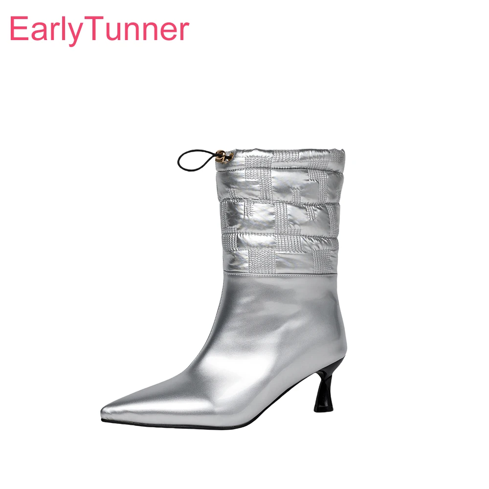 

2025 Новые зимние теплые серебристо-красные женские зимние ботинки до середины икры на высоком тонком каблуке, женские телесные туфли плюс маленькие большие размеры 32 10 42 44 48