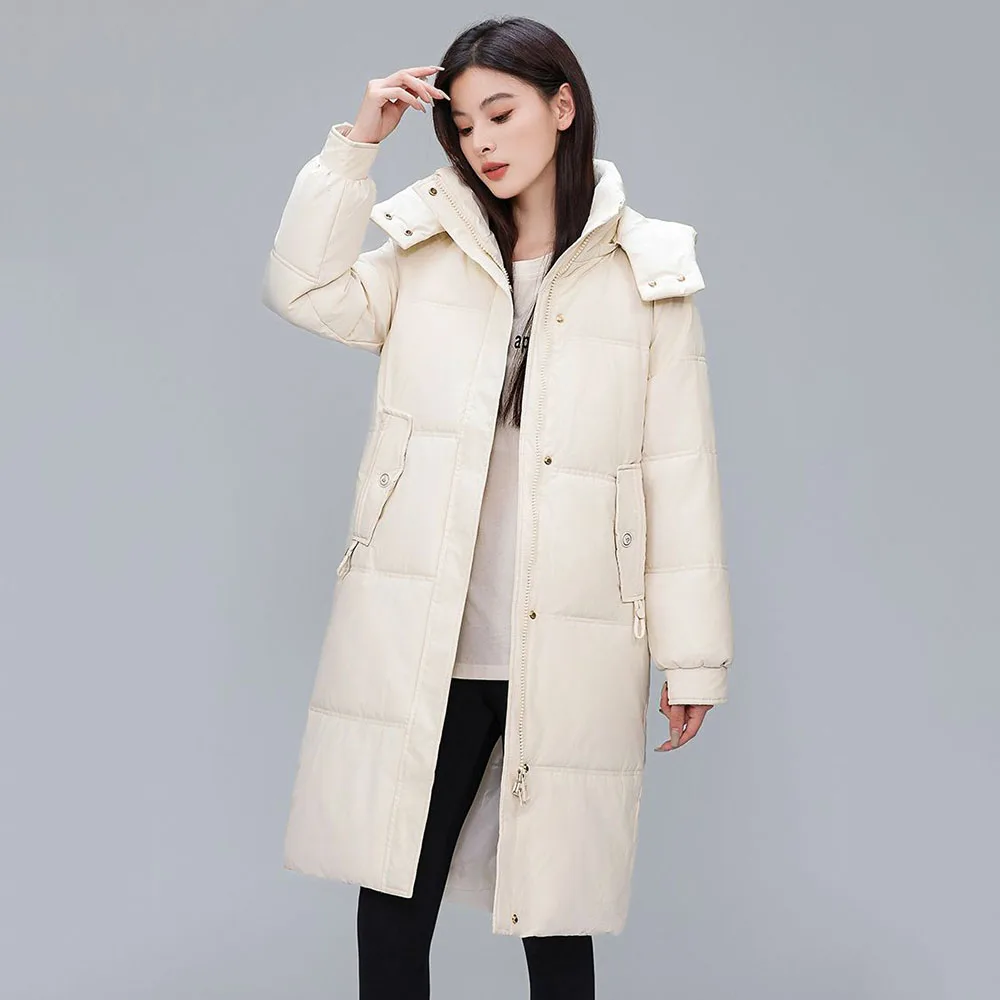 High-end Down Jacket Women's Long 2024 Winter Temperament Fashion Hooded Warm And Slim White Duck Down Loose Coat Women Tide.