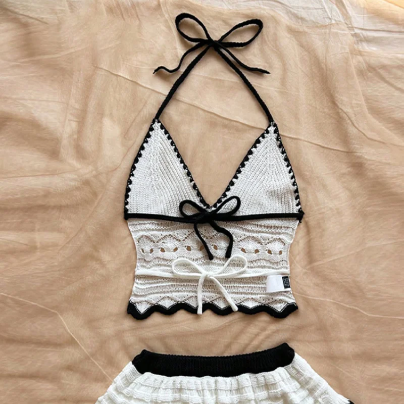 Set Rok Atasan Rajutan Seksi Wanita Atasan Pelangsing Punggung Terbuka Tanpa Lengan Leher V Dalam Rok Dua Lapis A-line Pakaian Pantai Musim Panas