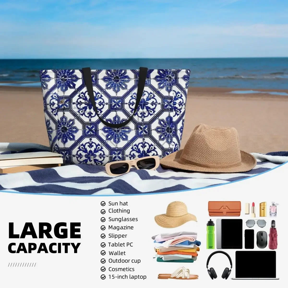 Blue And White Portuguese Tile Beach Travel Bag, Tote  Fashionable Adult Gifts Shoulder  Multi-Style Pattern