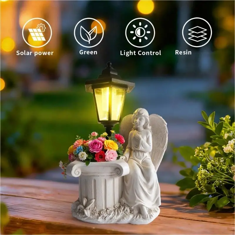 Solar Garden Statue Light with Planter, Resin Outdoor Decor Display for Patio Porch Pathway Lawn Yard and Flower Bed 87HA