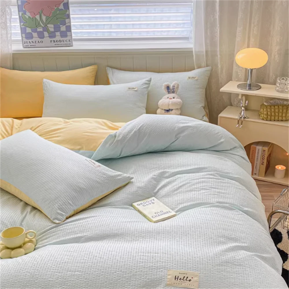 Y1 HomeWaffle Conjunto de quatro peças de algodão lavado, roupa de cama não totalmente de algodão, roupa de cama de algodão puro, dormitório de estudantes, lençóis de edredom
