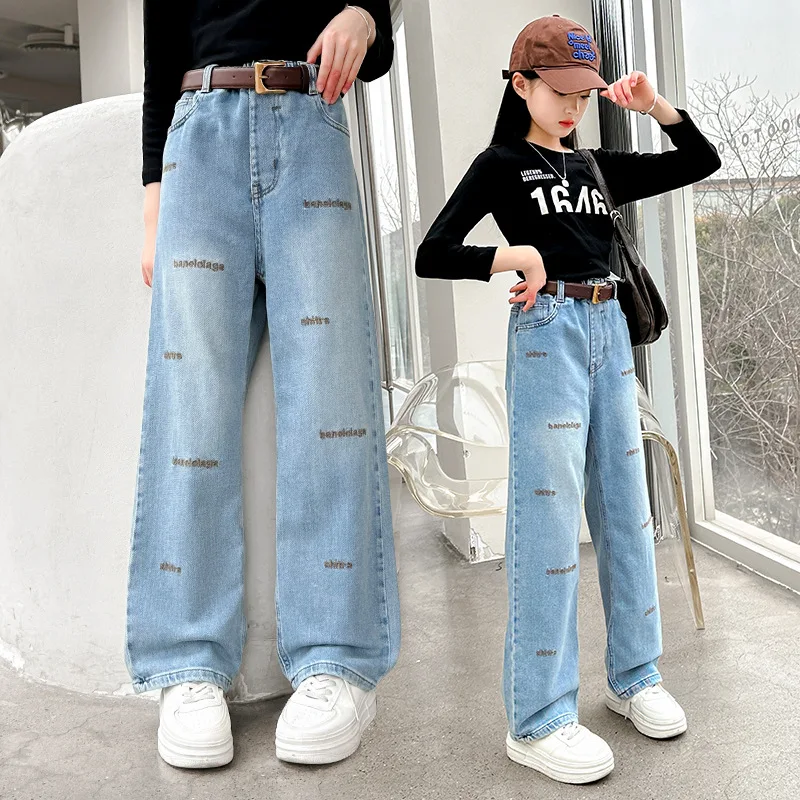 Girls' Jeans 2024 Spring New Fashion Embroidery Slim Casual Pants Teenage Child Arrow Version Denim Wide-Leg Trousers with Belt