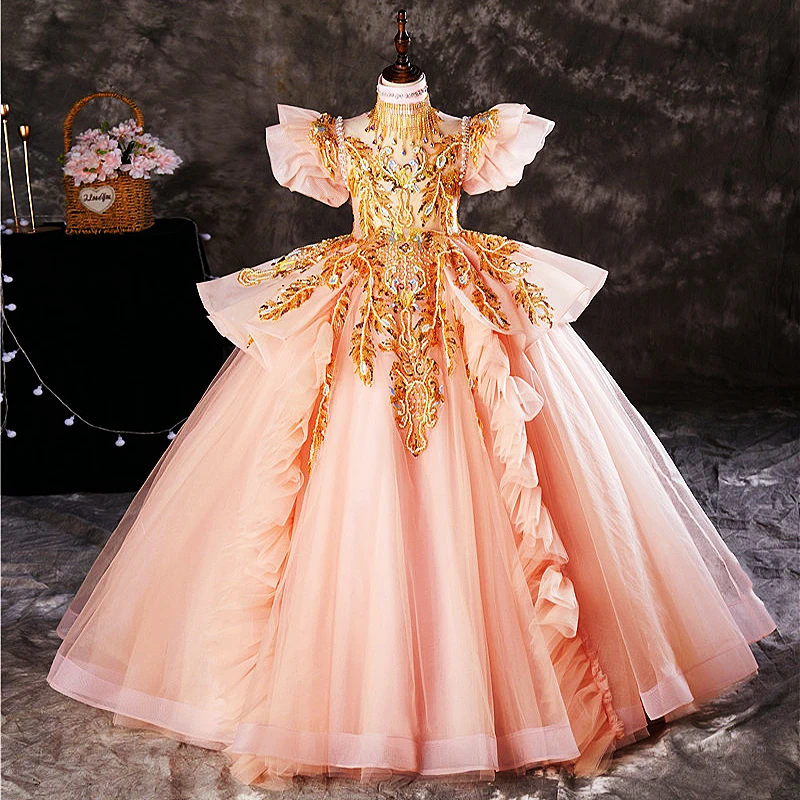 Girls Evening Dress Luxury Kids Party Wedding Court Paris Model Catwalk Children Pageant Gown Birthday Stage Performance Dress